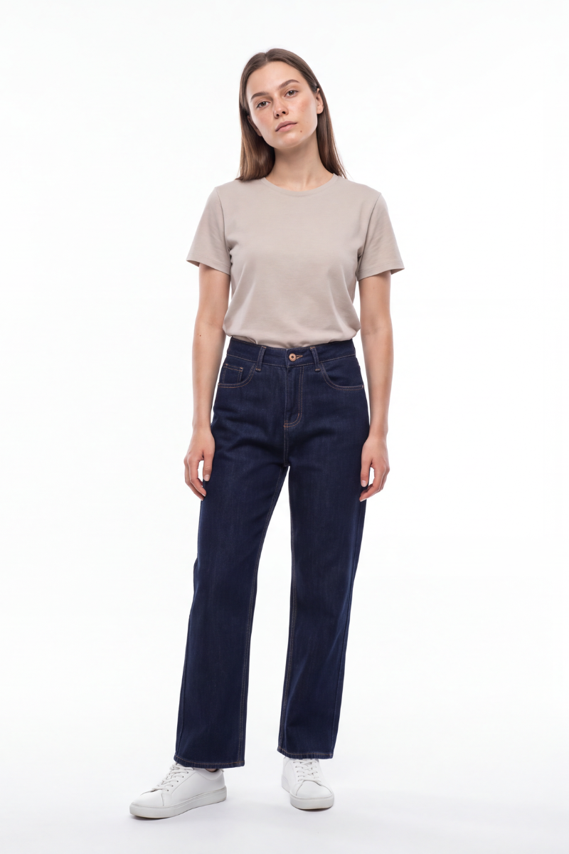 Women's Raw Denim Blue High Waist Straight Leg Jeans