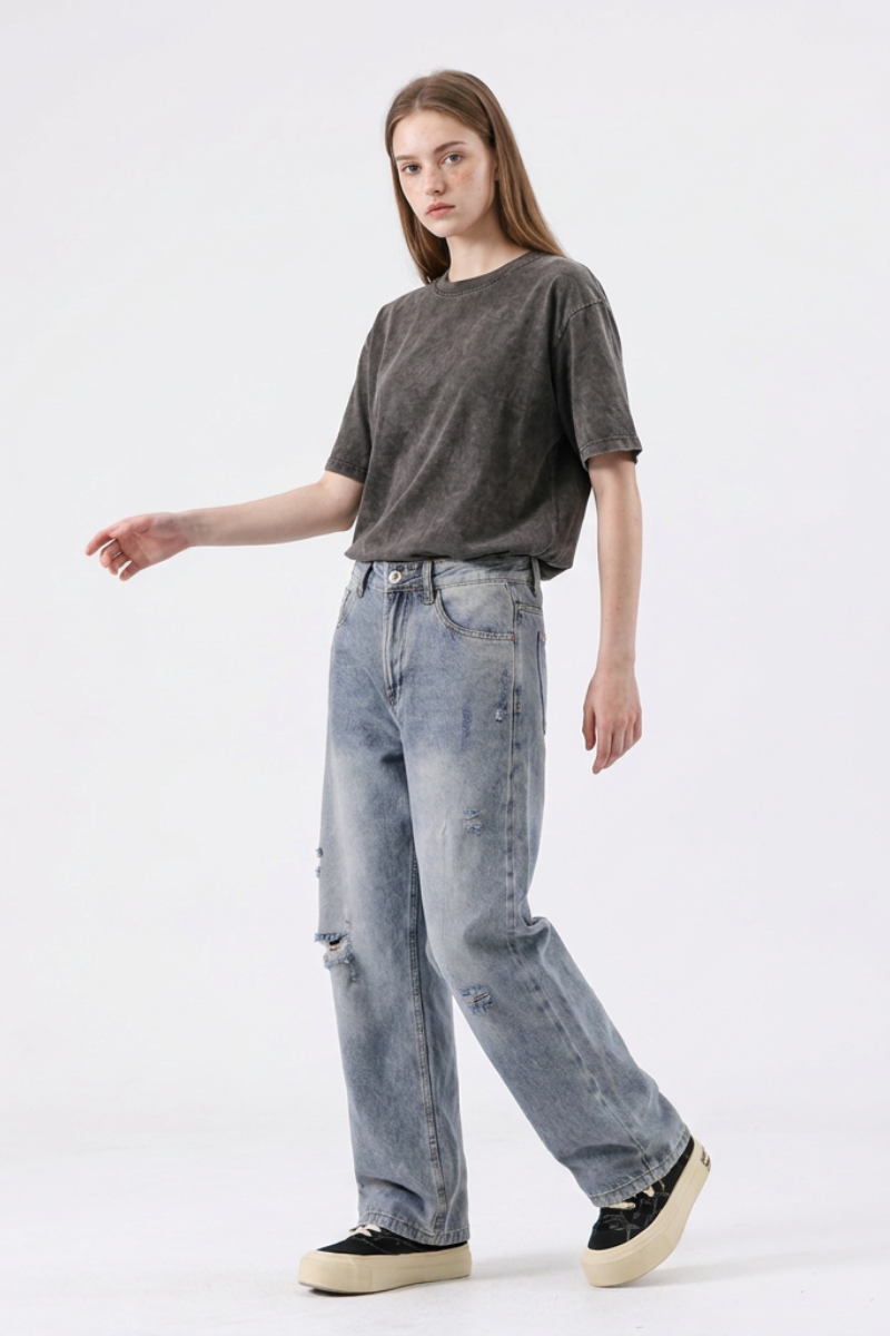 Women's High Waist Distressed Ripped Straight Jeans