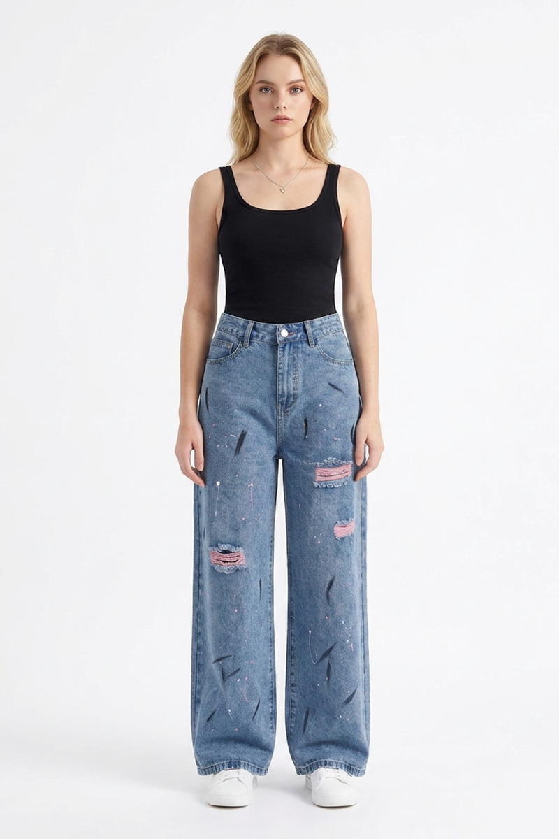 Women's High Waist Graffiti Ripped Wide Leg Jeans
