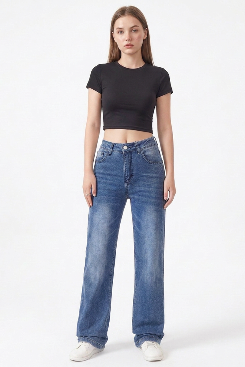 Women's Classic Blue Washed High Waist Straight Leg Jeans