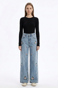 Women's Vintage Wash Embroidered High Waist Wide Leg Jeans