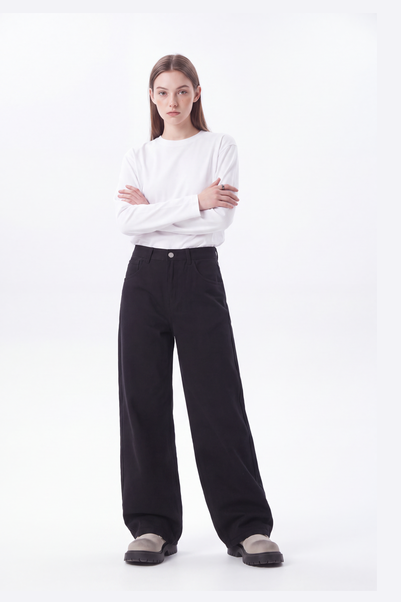 Women's High Waist Pure Black Wide Leg Jeans