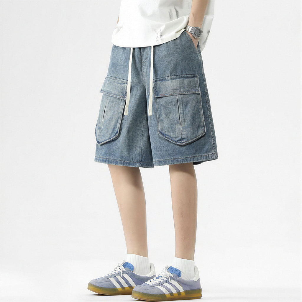 Men's Summer Light Wash Multi-Pocket Cargo Denim Shorts