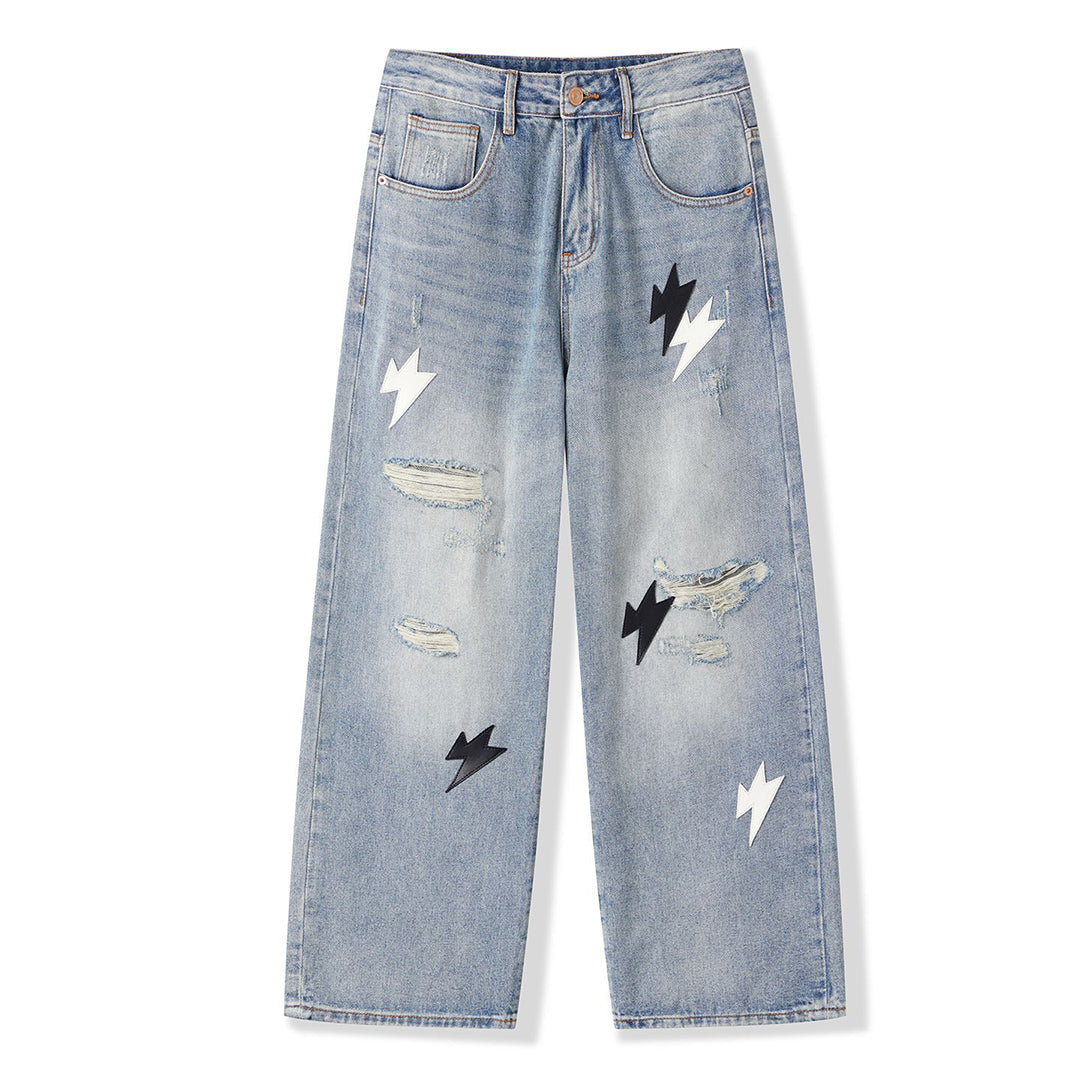 Men's Spring Light Blue Ripped Lightning Patch Jeans