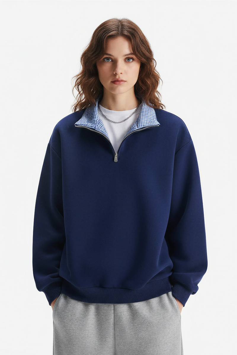 Unisex Spring Plaid Patchwork Half Zip Loose Hoodie