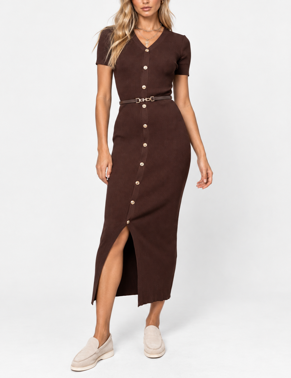 Ladies V-Neck Button Front Ribbed Knit Bodycon Midi Dress