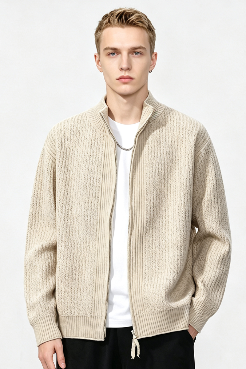 Men's Fall Clothing Ribbed Mock-Neck Zip-Up Knit Cardigan