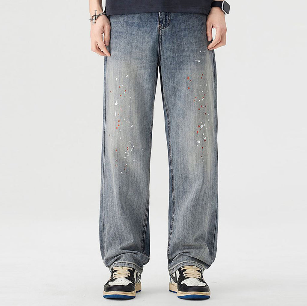 Men's Spring Light Blue Washed Splatter Paint Straight Jeans