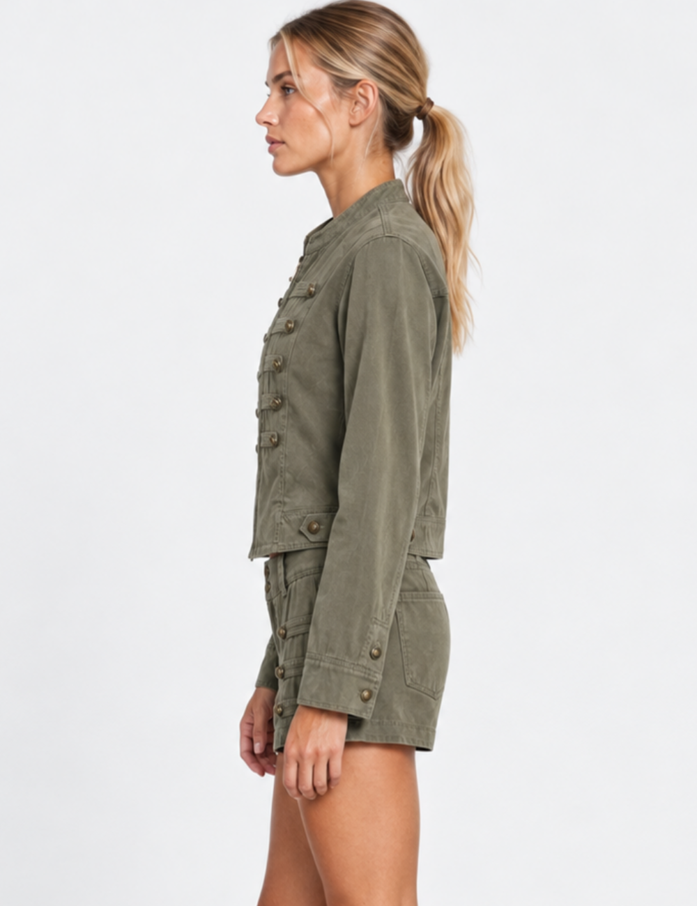 Ladies Stand Collar Braided Trim Double Breasted Cropped