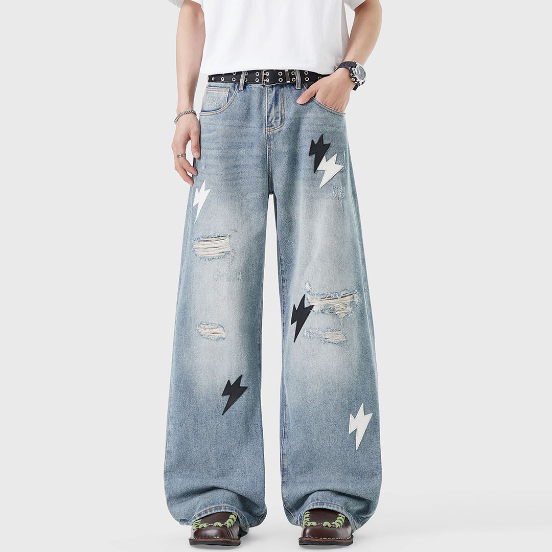 Men's Spring Light Blue Ripped Lightning Patch Jeans