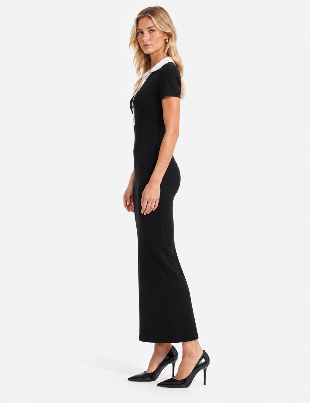 Ladies Polo Collar Button Front Bodycon Maxi Dress