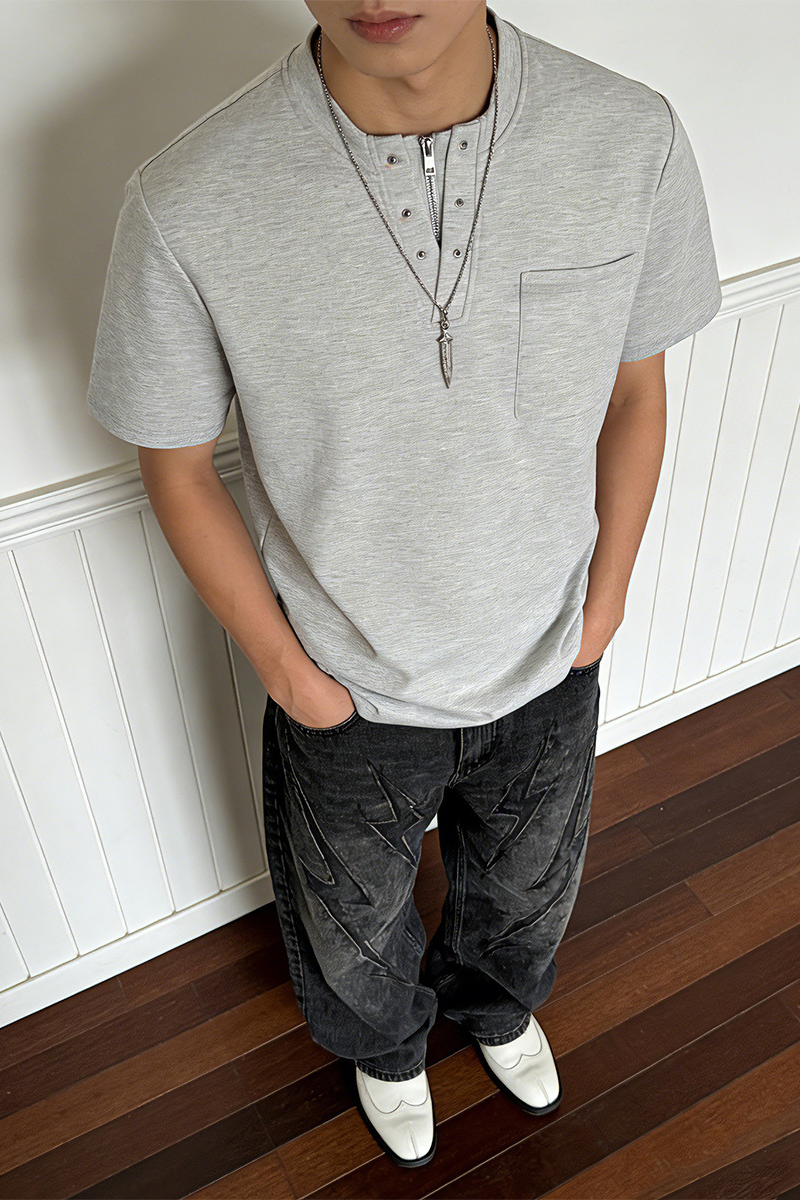 Men's Summer Cleanfit Zip Henley Button Solid Tee