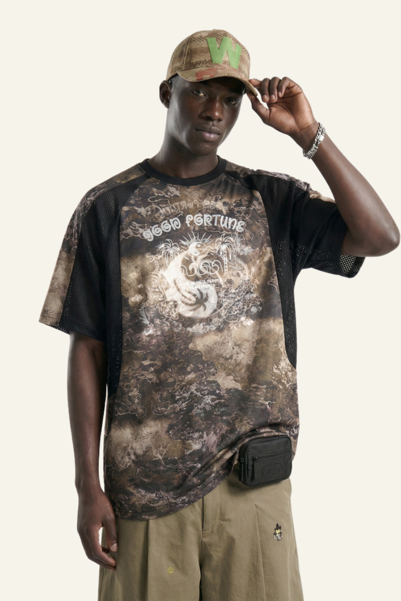 Men's Breathable Side Mesh Panelled Trendy Print T-Shirt