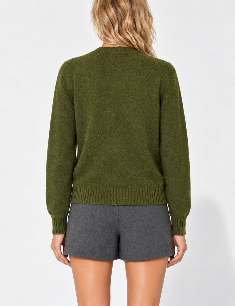Ladies Solid Color Button Front Crew Neck Knit Cardigan