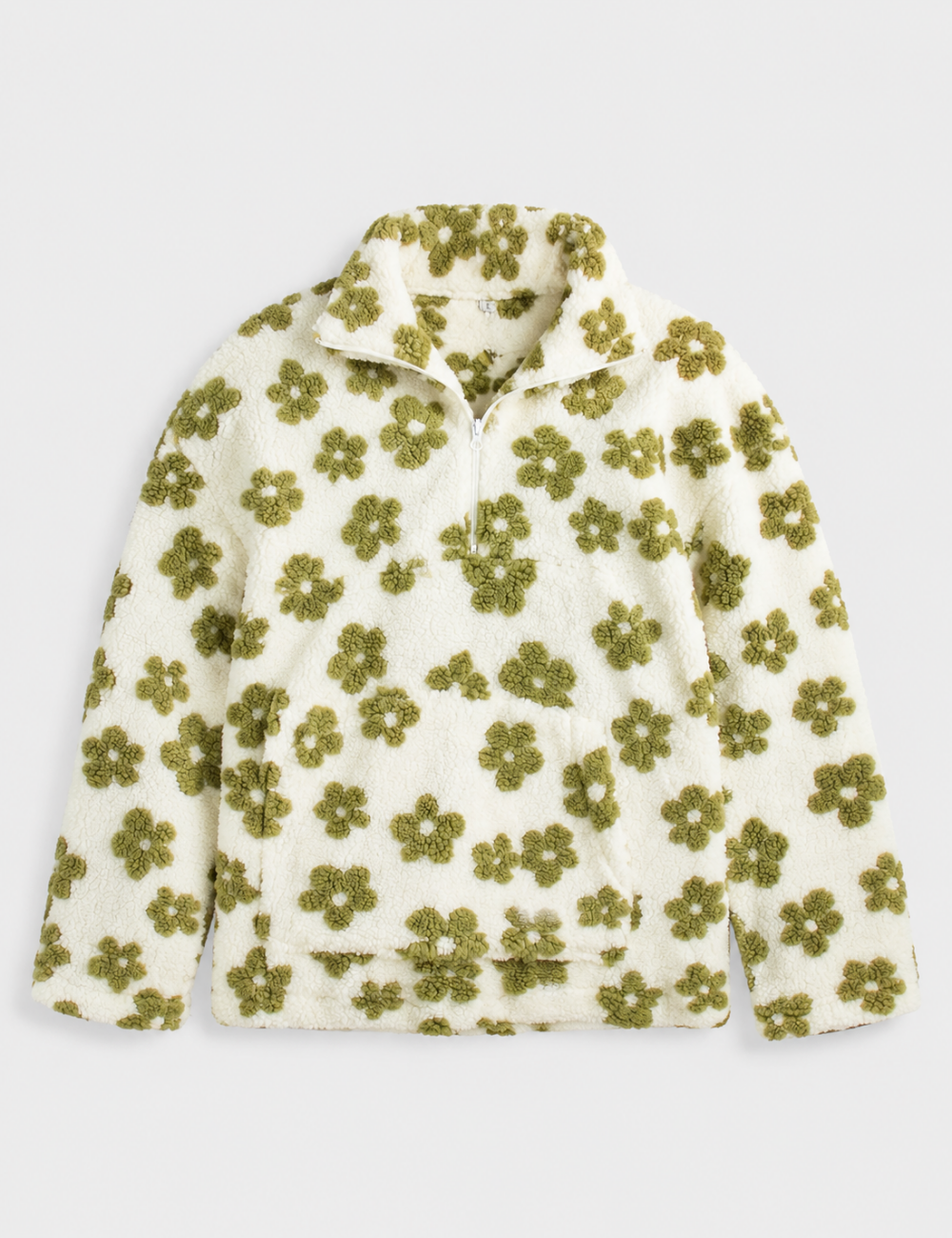 Ladies Casual Floral Pattern Zipper Front Fleece Pullover Sweatshirt
