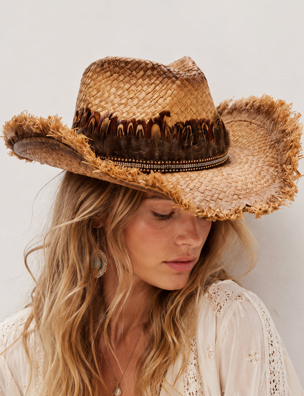 Ladies Beaded Band Frayed Edge Faux Straw Cowboy Hat