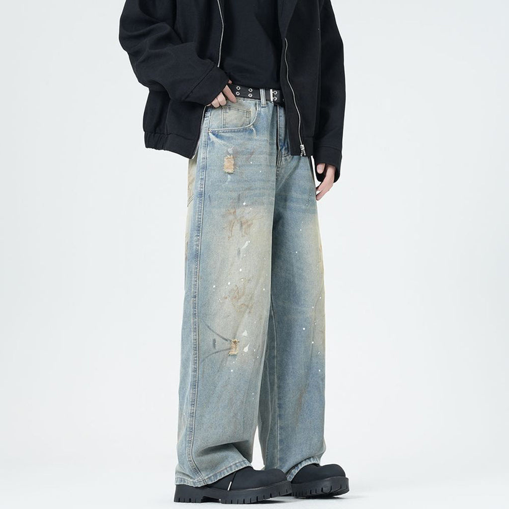 Men's Spring Washed Splatter Paint Straight Leg Jeans