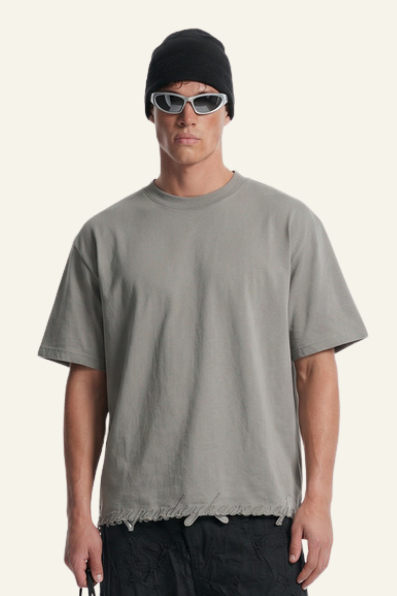 Men's Streetwear  Embroidered Raw-Edge Drop-Shoulder T-Shirt