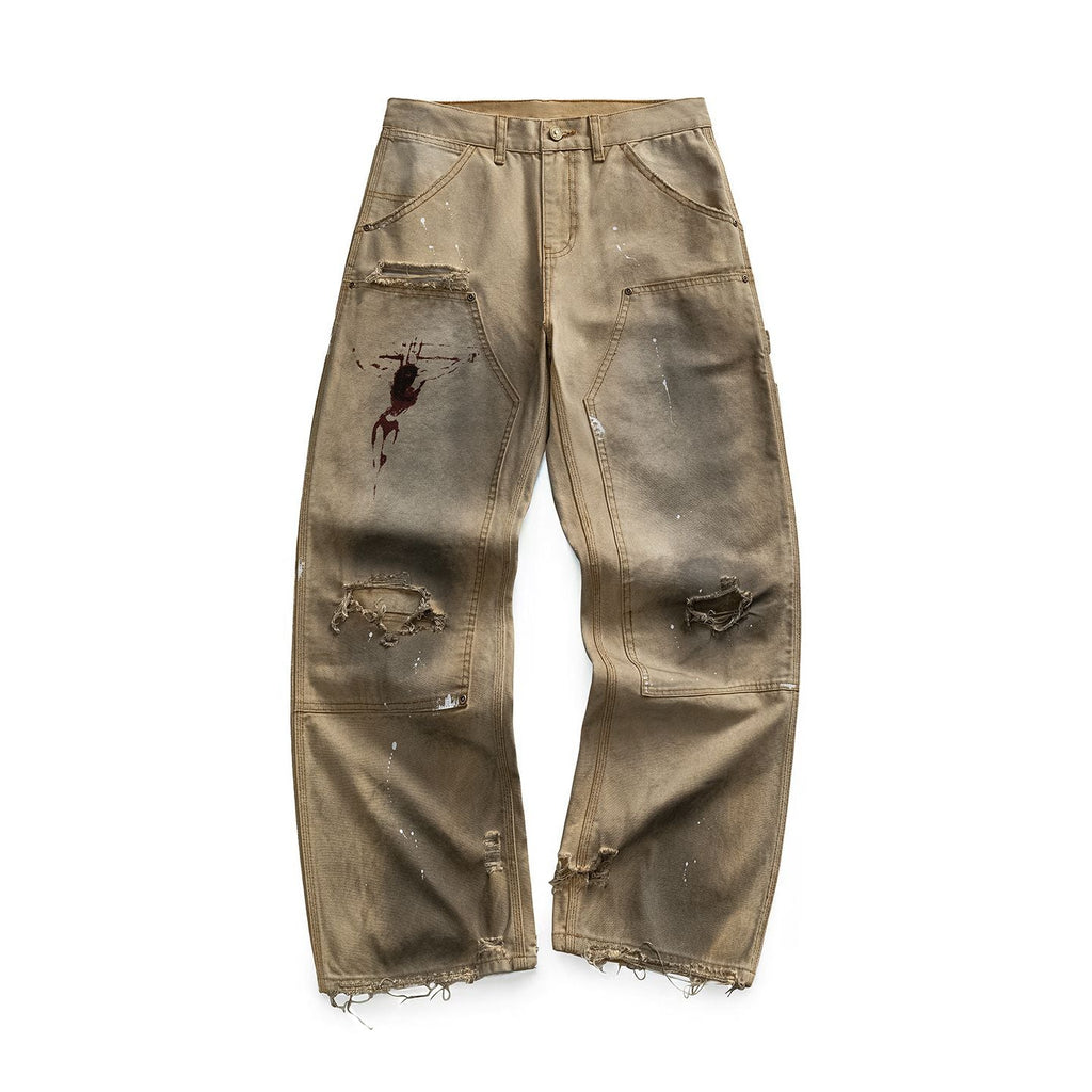 Men's Spring Mud Washed Ripped Carpenter Denim Jeans