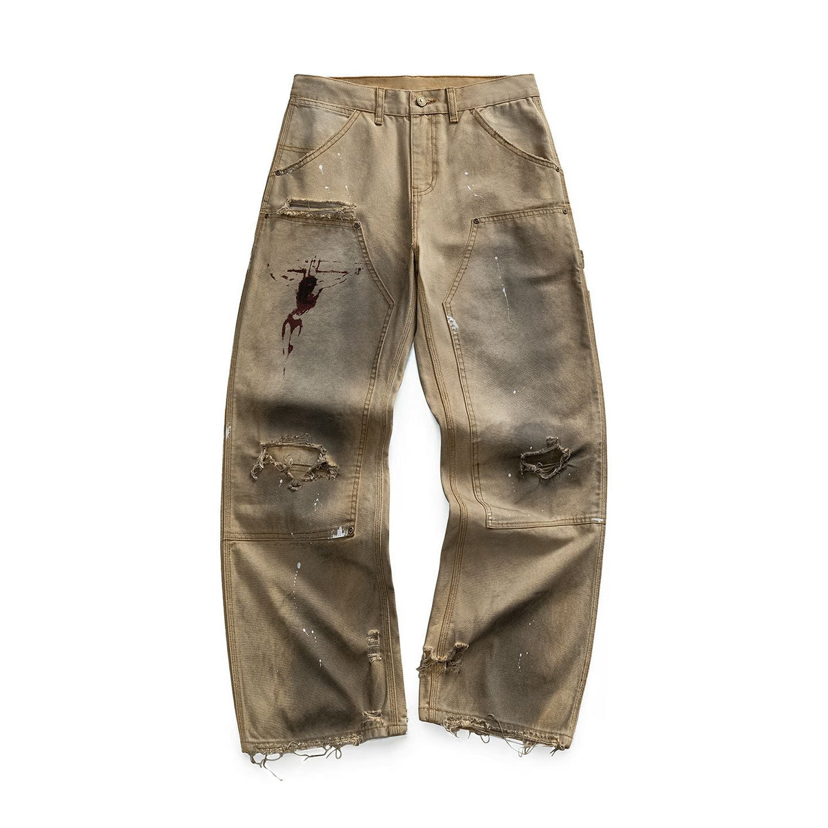 Men's Spring Mud Washed Ripped Carpenter Denim Jeans