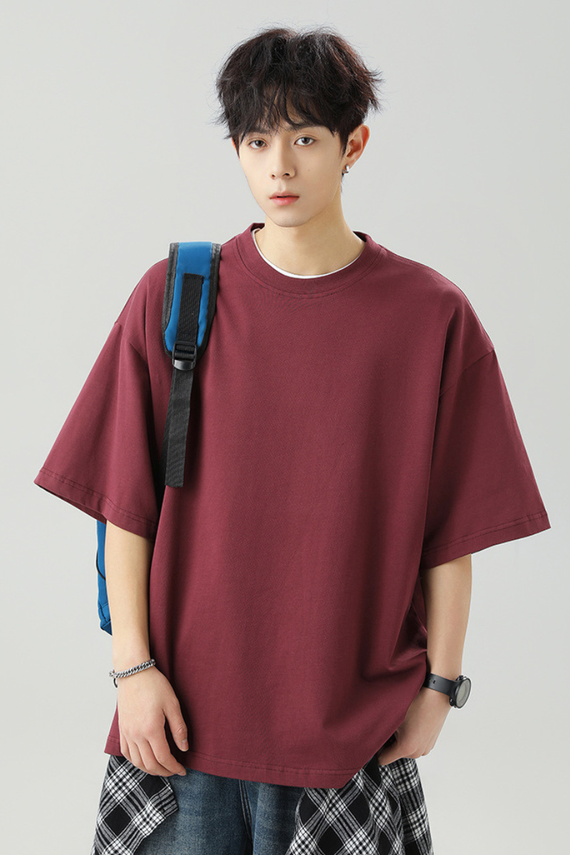Men's Summer Japanese Loose Cotton Solid Crewneck Basics Tee