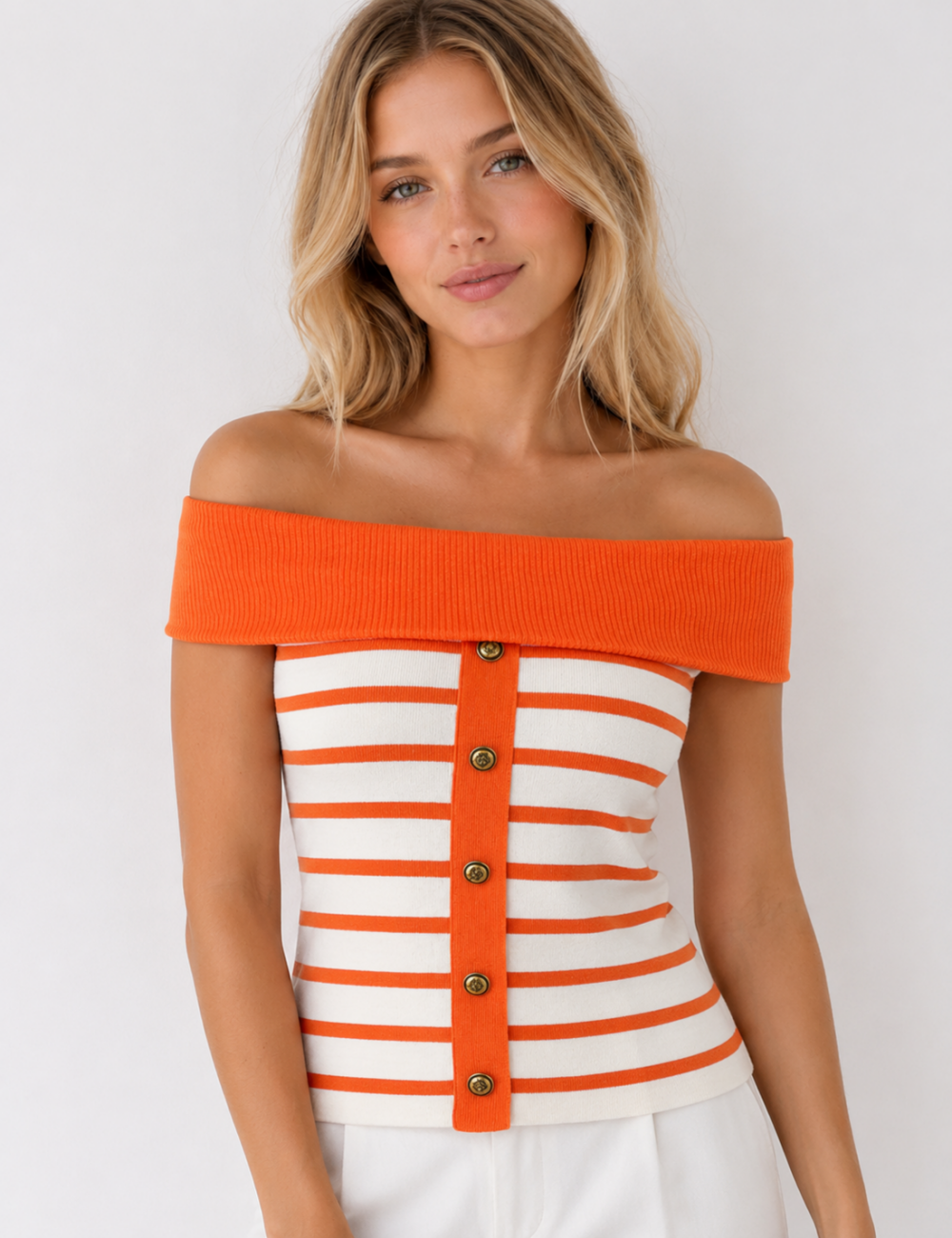 Ladies Off Shoulder Striped Button Detail Knit Top