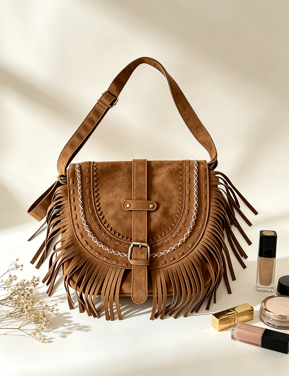 Ladies Bohemian Suede Fringe Flap Crossbody Shoulder Bag