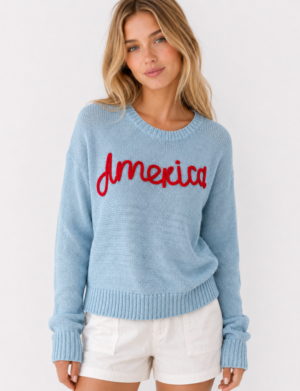 Ladies America Embroideries Low Round Neck Sweater