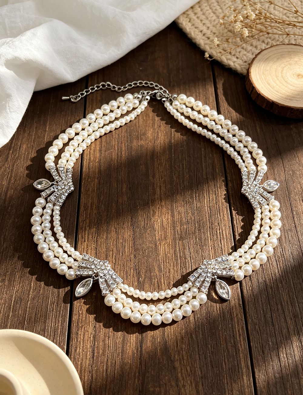 Ladies Retro Multi-layer Pearl Rhinestone Necklace