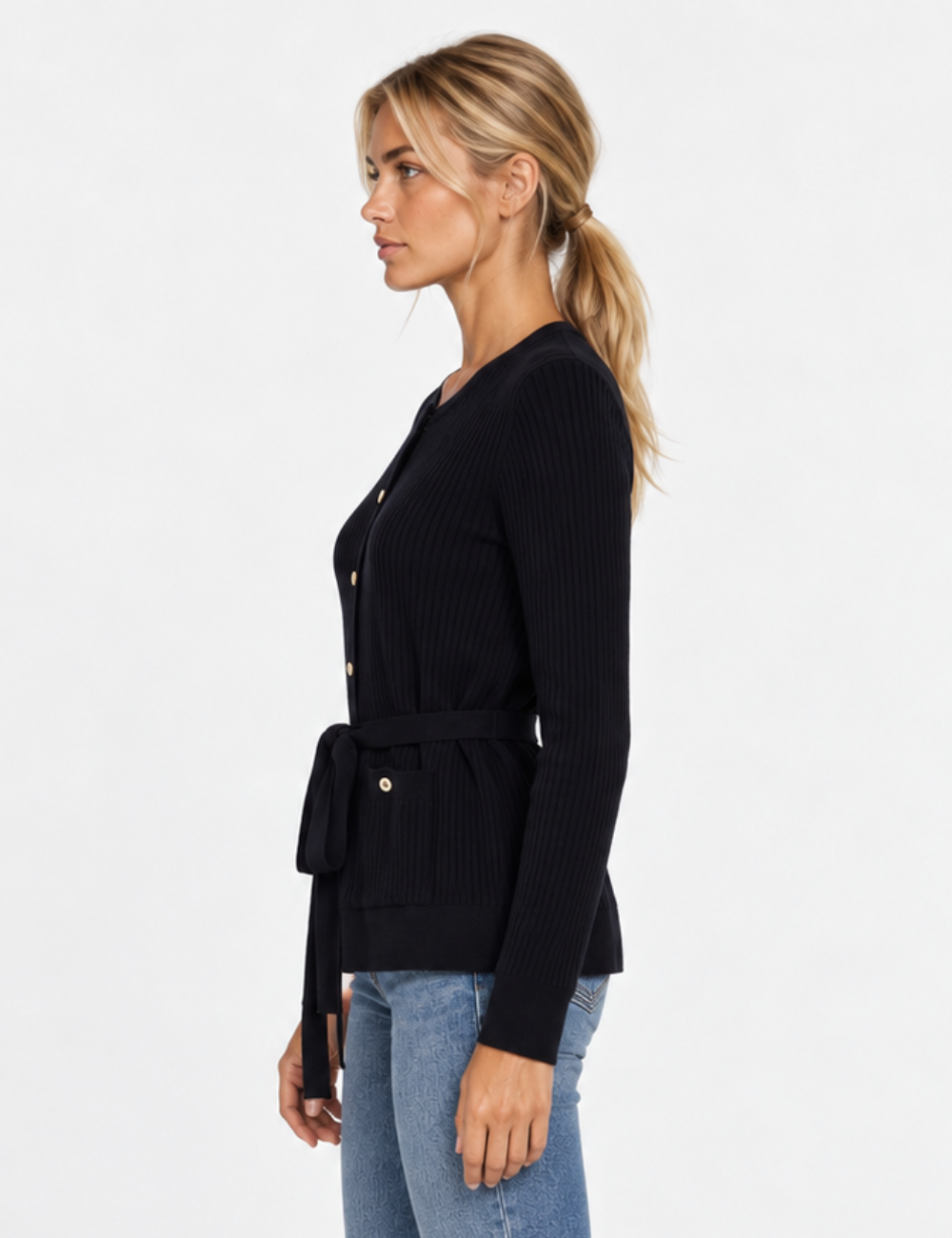Ladies Crew Neck Ribbed Knit Belted Cardigan