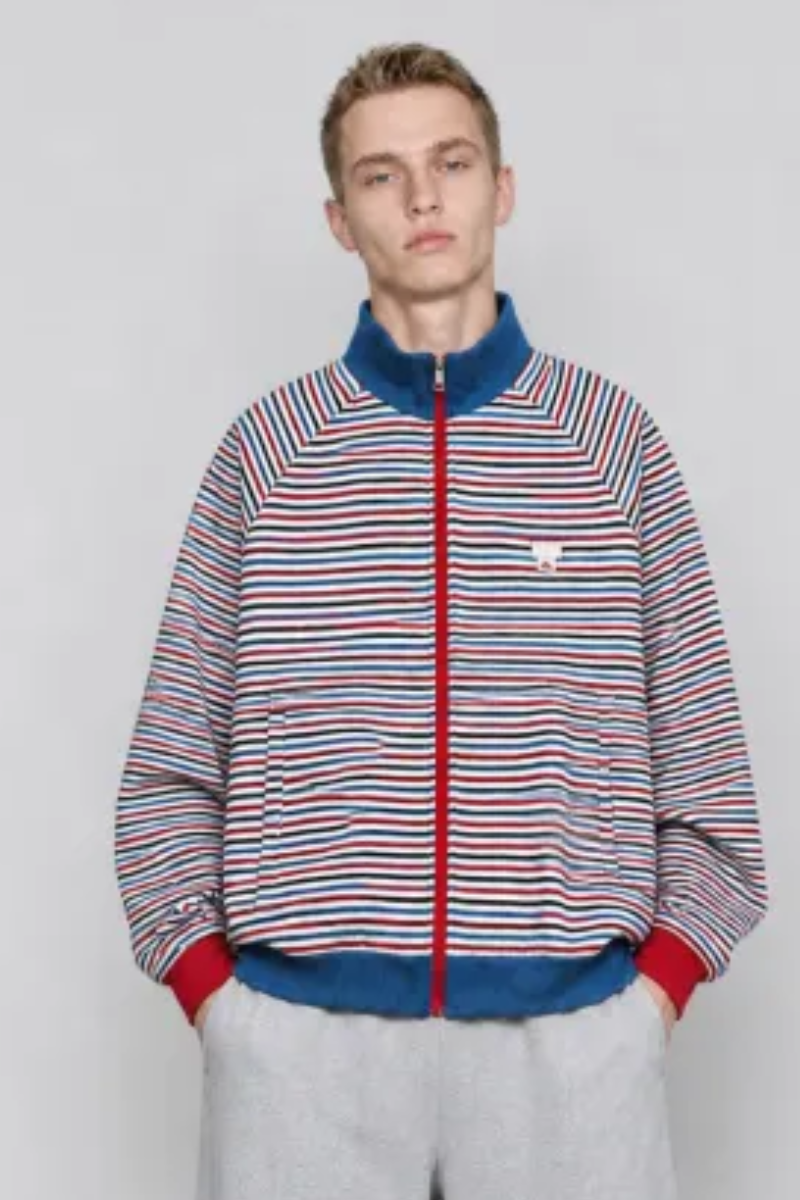 Men Fall Clothing Colorful Stripe Stand Collar Zip Jacket
