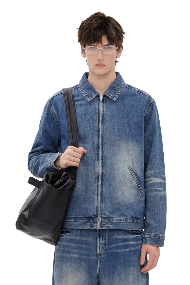 Men's Fall Clothing 543g Washed Denim Collar Zip Jacket