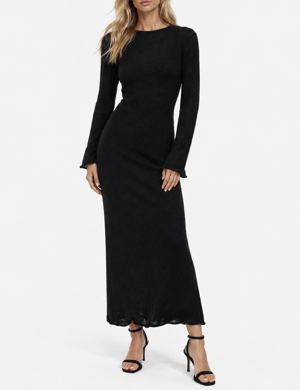 Ladies See Through Round Neck Long Sleeves Maxi Dress