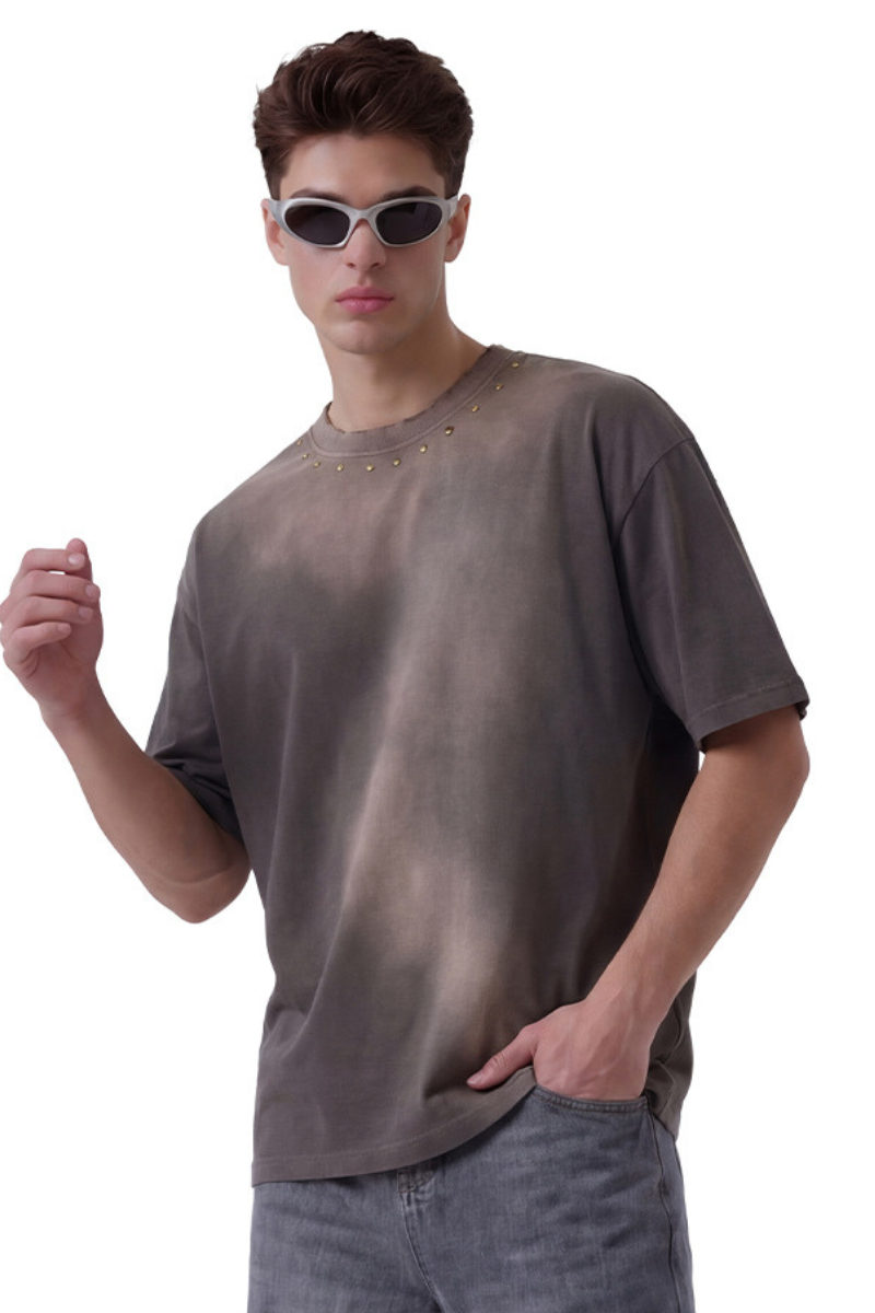 Men's Summer 260g Retro Washed Rivet Distressed Fade Tee