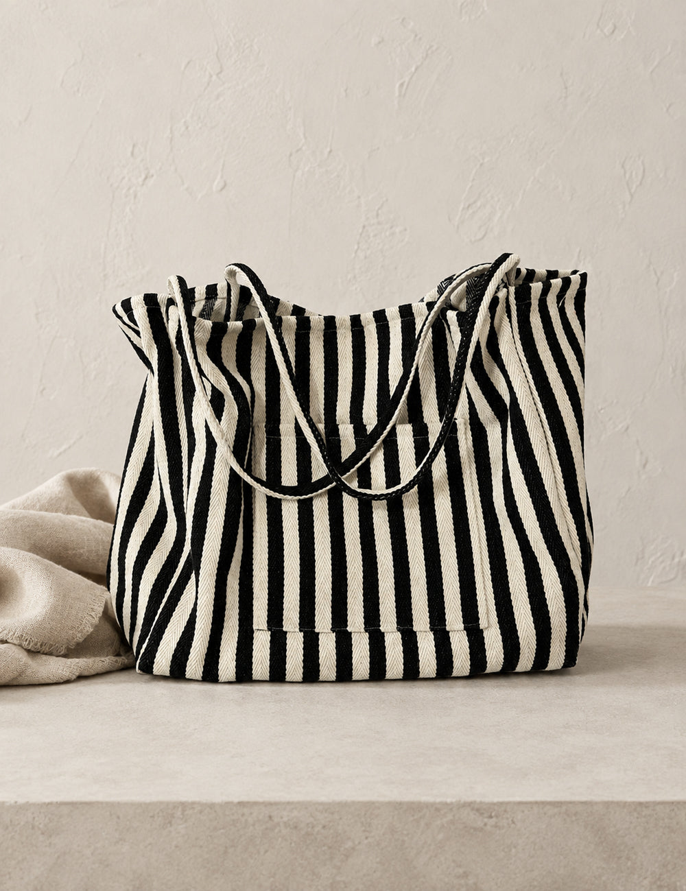 Ladies Striped Double Pocket Large Capacity Canvas Tote Bag