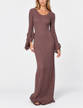 Ladies Round Neck Ruffle Flare Sleeves Ribbed Knit Maxi Dress