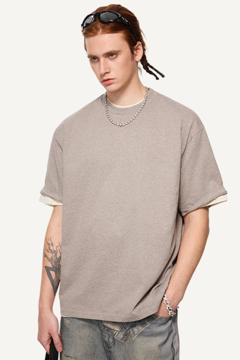 Men's Summer 260g Solid Cotton Loose Cuffed Tee