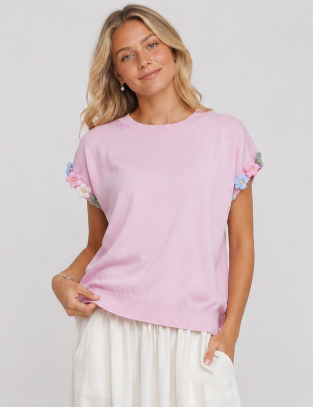 Ladies 3D Flower Pullover Short Sleeves Knit Top