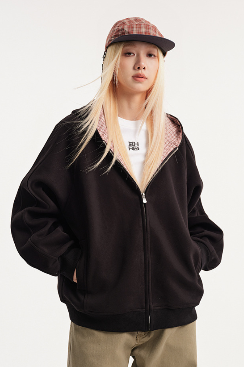Unisex Fall Clothing Plaid Zip Hoodie American Retro Loose