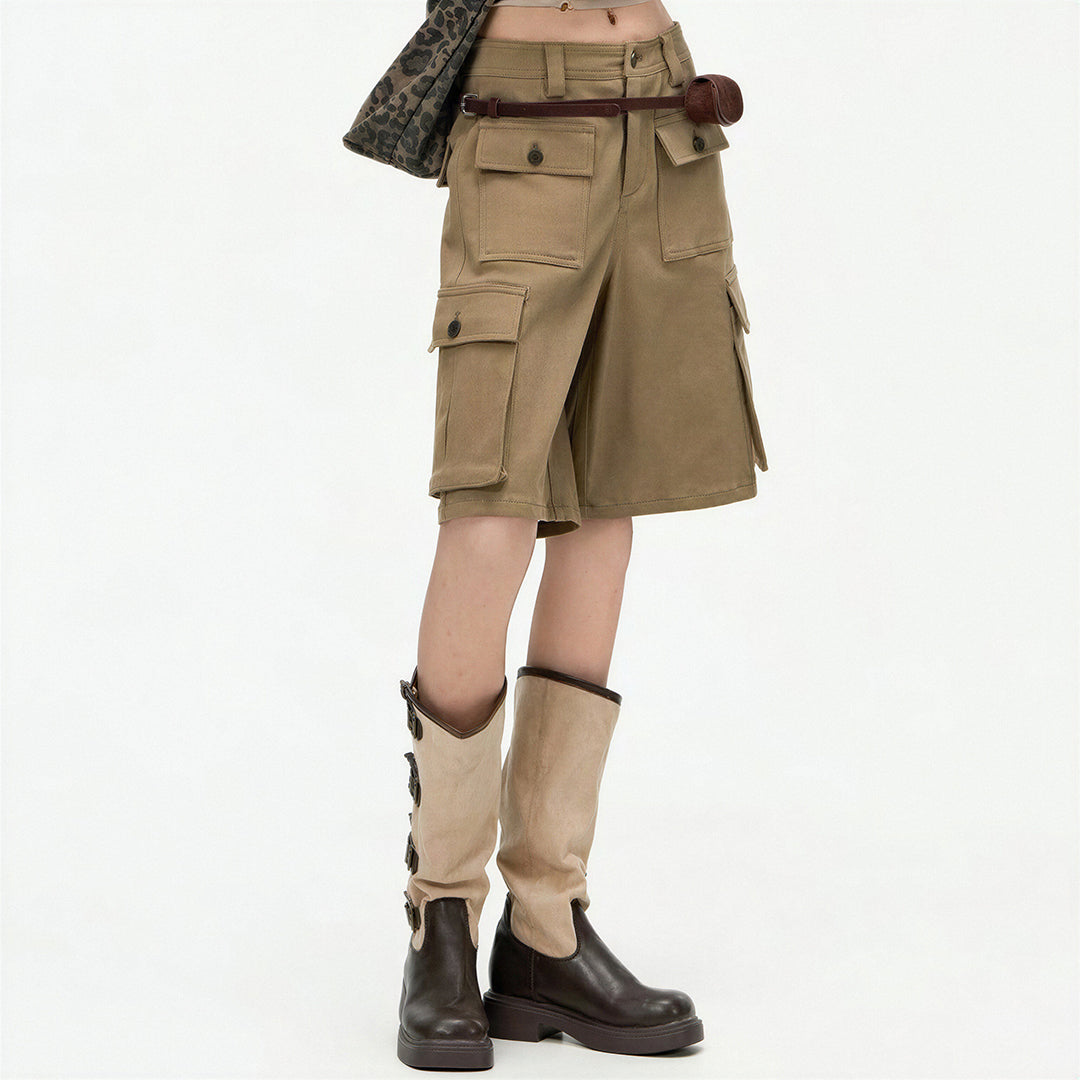 Women's Summer Khaki Multi-Pocket Cargo Denim Shorts