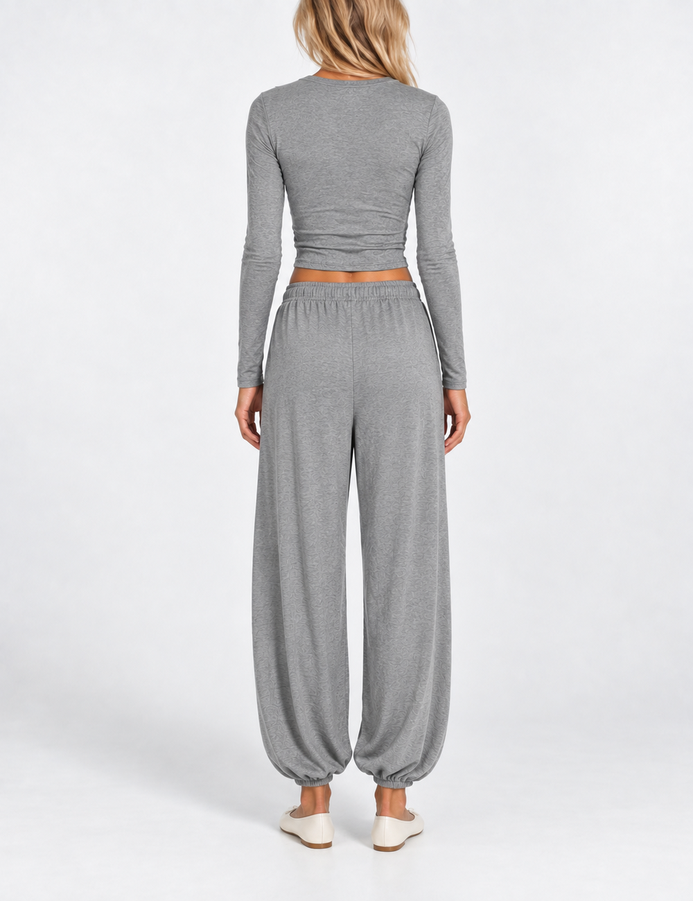 Ladies Henley Crop Top Balloon Pants 2PCS Lounge Set