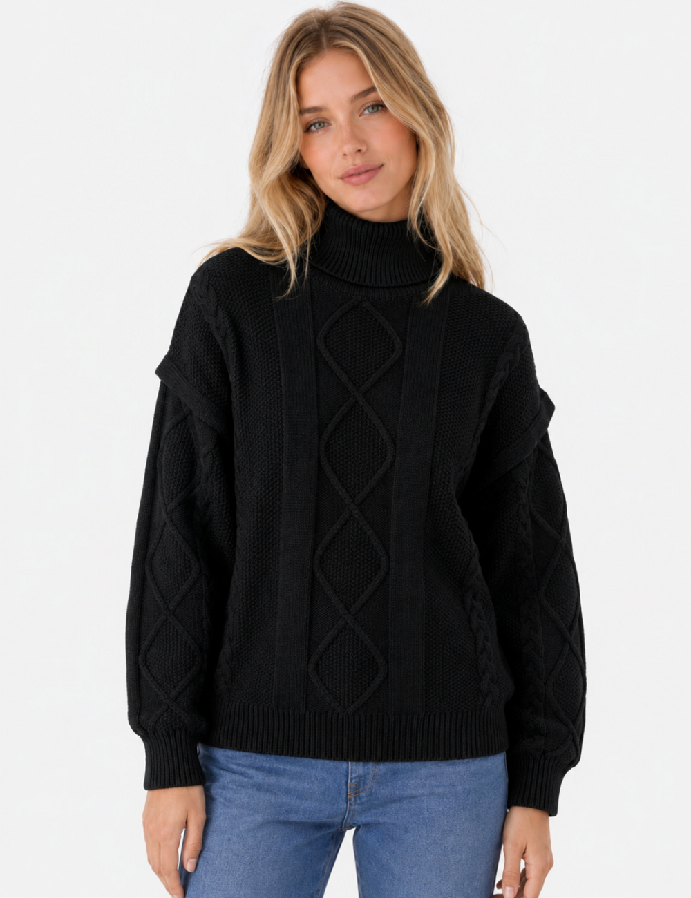Ladies Turtleneck Cable Knit Drop Shoulder Sweater