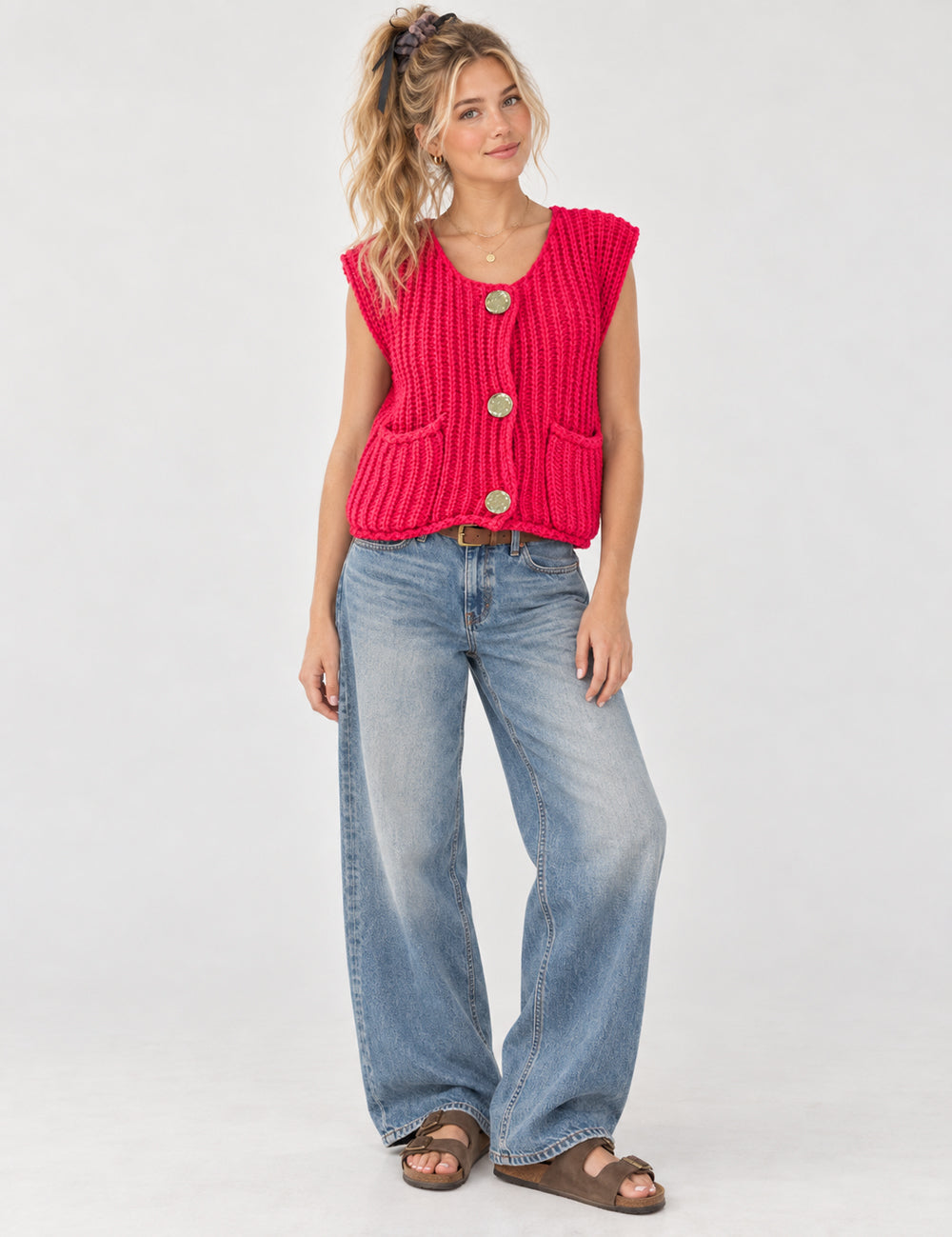 Ladies Chunky Open Knit Sweater Vest