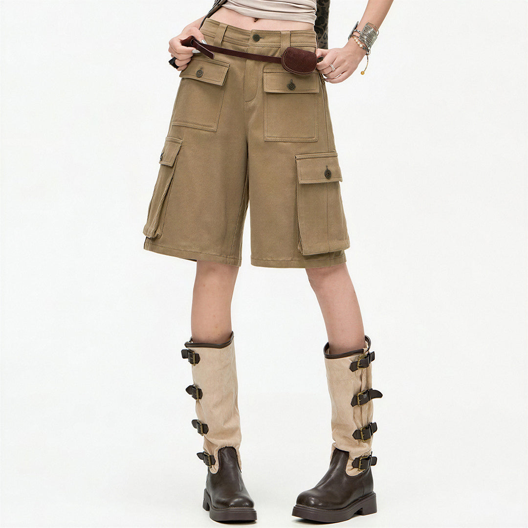 Women's Summer Khaki Multi-Pocket Cargo Denim Shorts