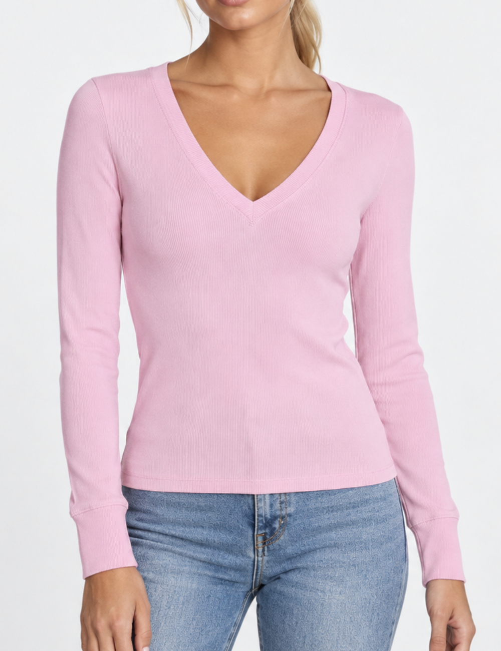 Ladies V-Neck Ribbed Knit Long Sleeves Top