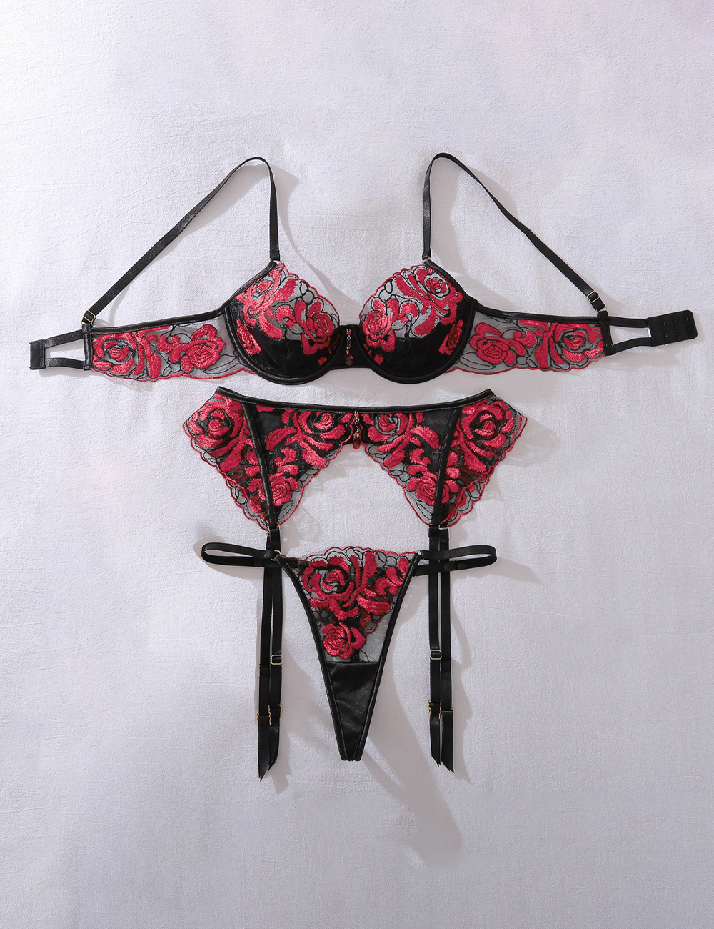 Ladies Rose Embroidered See-Through Mesh Lingerie Set