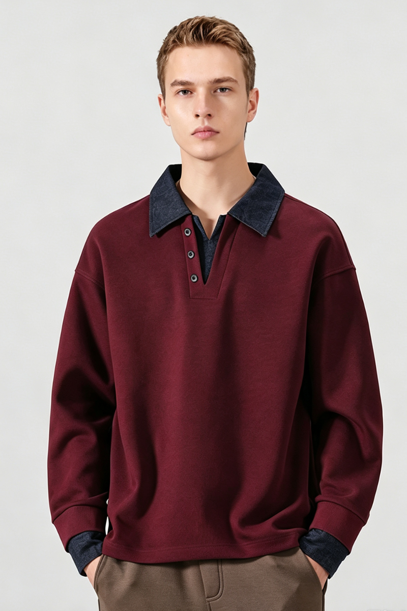 Men's Fall Clothing Fleece Denim-Collar Polo Sweatshirt