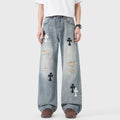 Men's Spring Light Blue Ripped Cross Patch Denim Jeans