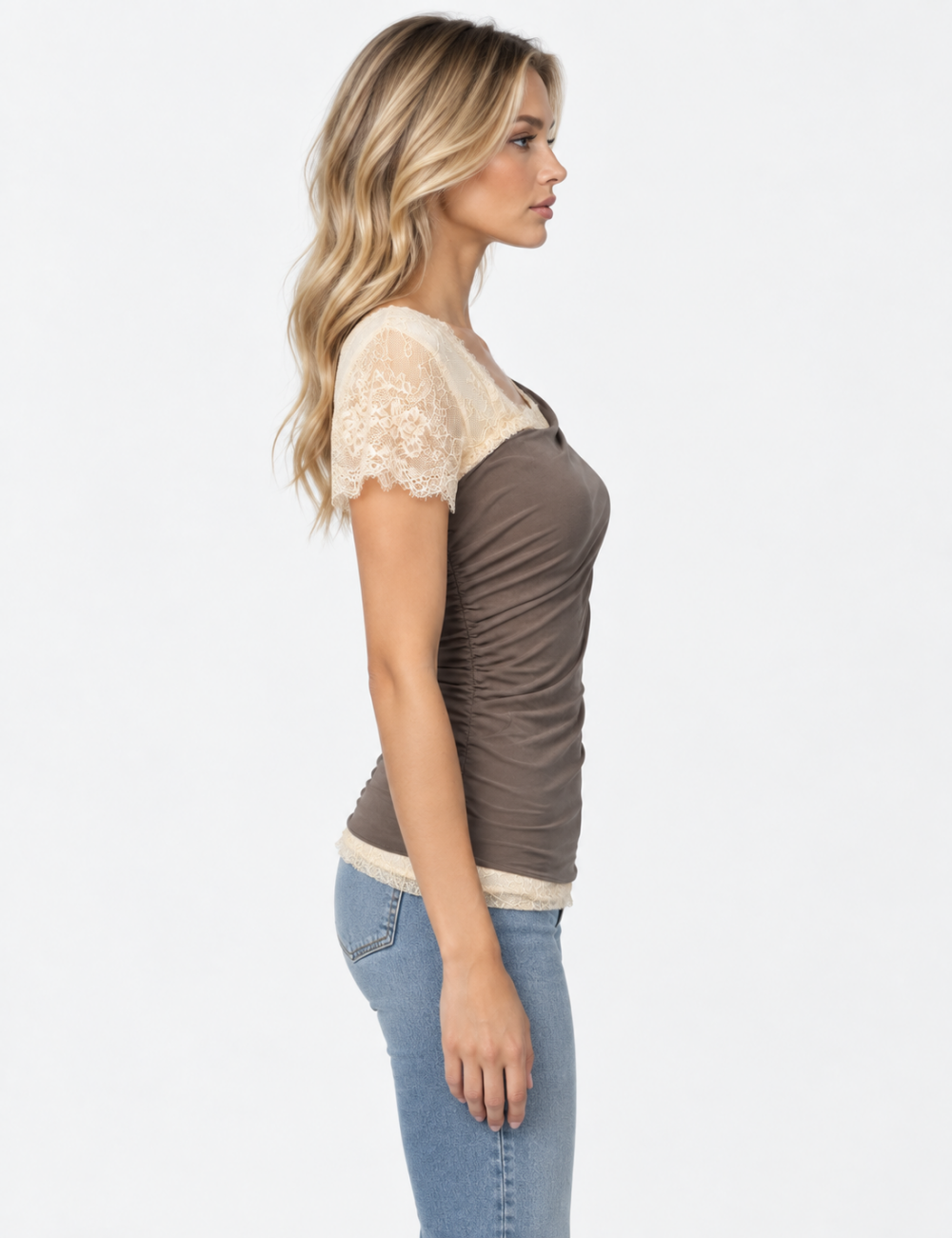Ladies Asymmetric Lace Trim Off Shoulder Top