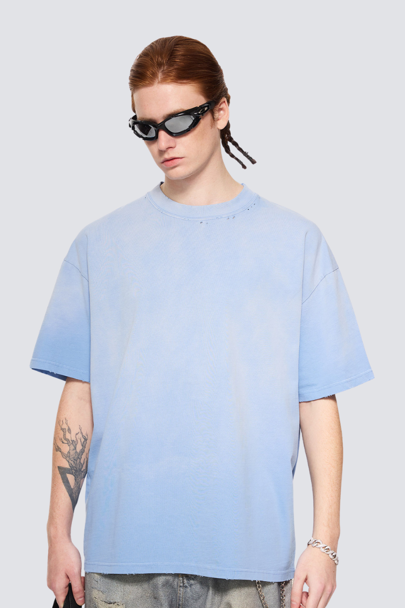 Men's Summer 250g Cotton Spray Fade Collar Distressed Tee